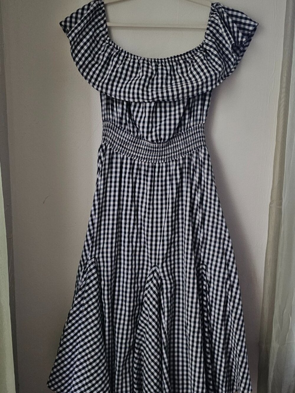 Chelsea & Theodore off-the-shoulder smocked-waist gingham dress